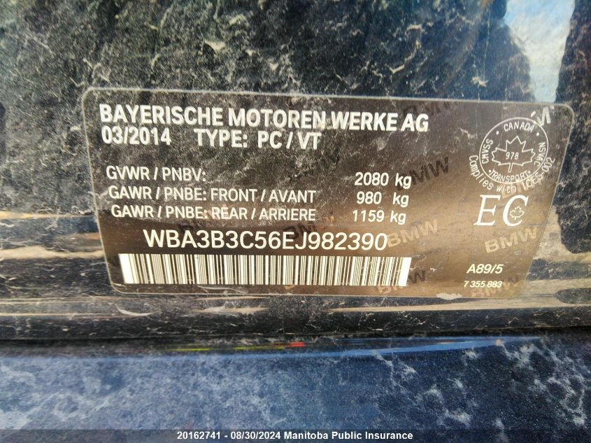 2014 BMW 328I xDrive VIN: WBA3B3C56EJ982390 Lot: 20162741