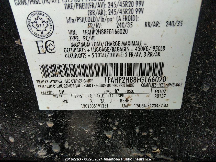 2015 Ford Taurus Sel VIN: 1FAHP2H88FG166020 Lot: 20162763