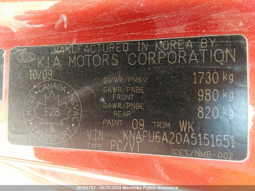 2010 Kia Forte Ex VIN: KNAFU6A20A5151651 Lot: 20162782