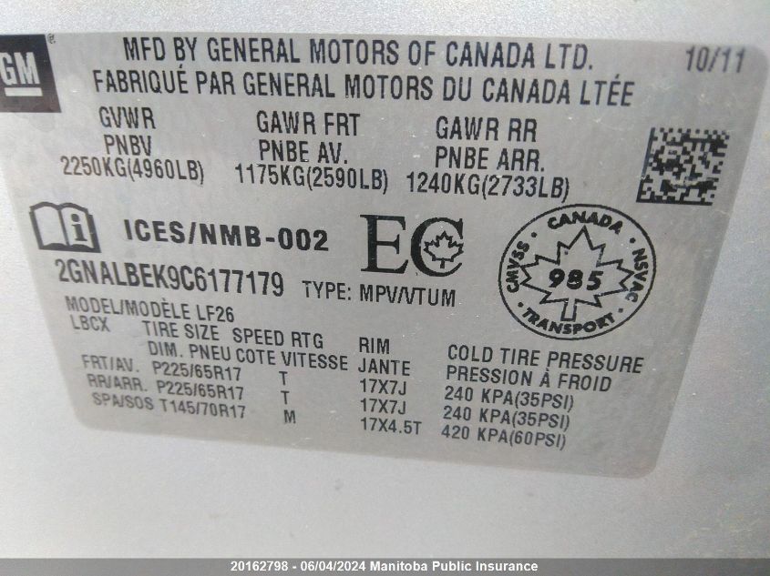 2012 Chevrolet Equinox Ls VIN: 2GNALBEK9C6177179 Lot: 20162798