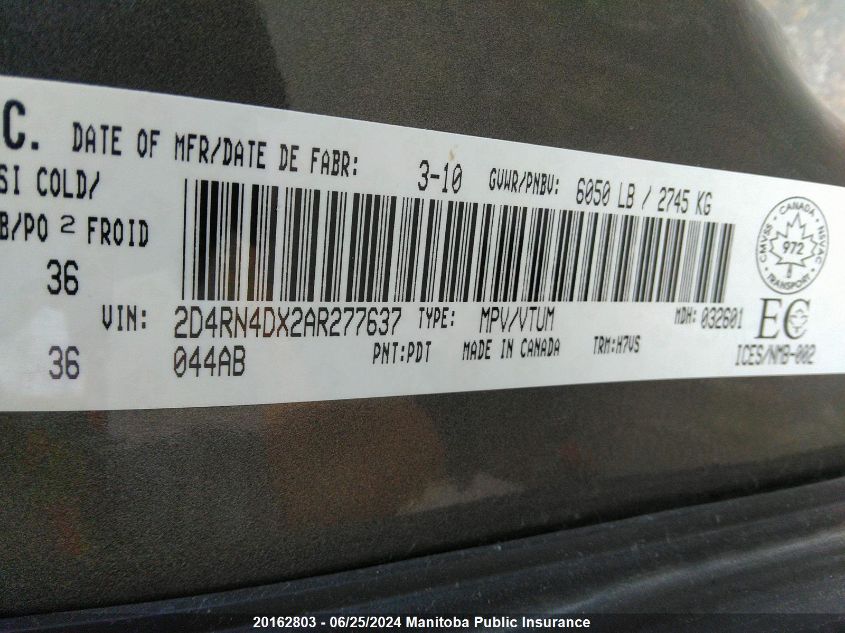 2010 Dodge Grand Caravan Sxt VIN: 2D4RN4DX2AR277637 Lot: 20162803