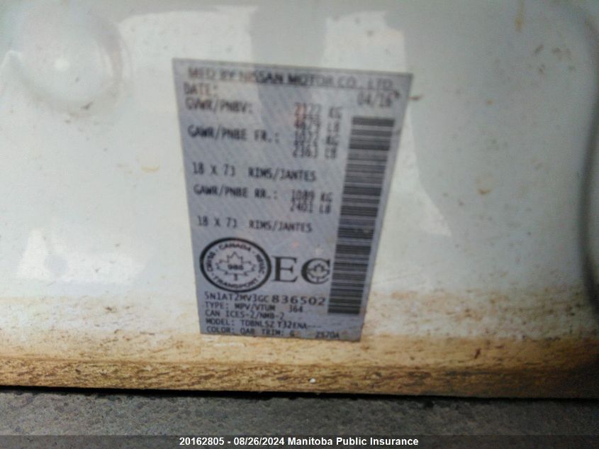 2016 Nissan Rogue Sl VIN: 5N1AT2MV3GC836502 Lot: 20162805