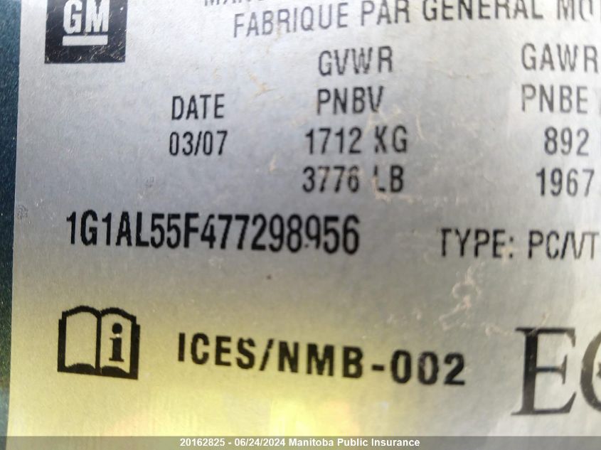 2007 Chevrolet Cobalt Lt VIN: 1G1AL55F477298956 Lot: 20162825
