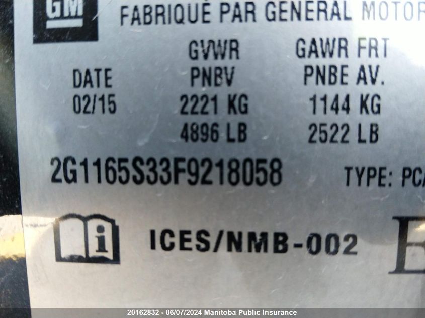 2015 Chevrolet Impala Ltz V6 VIN: 2G1165S33F9218058 Lot: 20162832