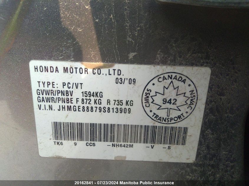 2009 Honda Fit Sport VIN: JHMGE88879S813909 Lot: 20162841