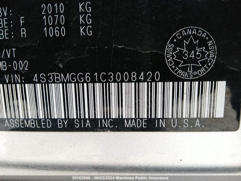 2012 Subaru Legacy 2.5I VIN: 4S3BMGG61C3008420 Lot: 20162846