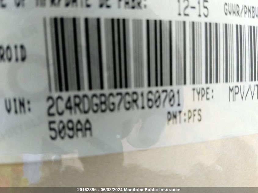 2016 Dodge Grand Caravan Sxt VIN: 2C4RDGBG7GR160701 Lot: 20162895