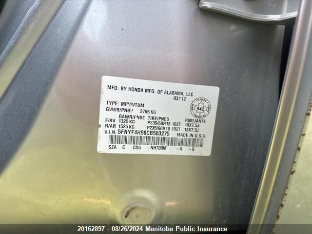 2012 Honda Pilot Touring VIN: 5FNYF4H98CB503275 Lot: 20162897