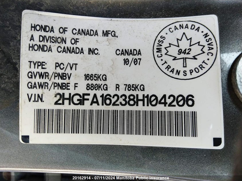 2008 Honda Civic Dx-A VIN: 2HGFA16238H104206 Lot: 20162914