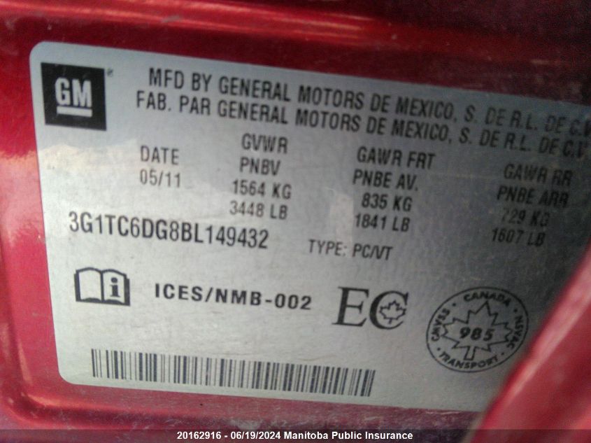 2011 Chevrolet Aveo Lt VIN: 3G1TC6DG8BL149432 Lot: 20162916