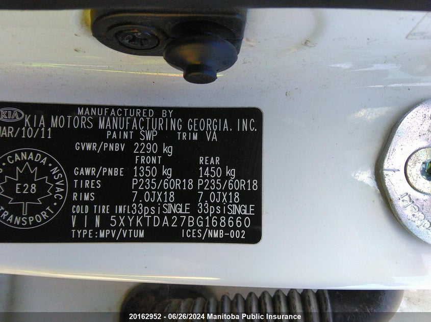 2011 Kia Sorento Lx V6 VIN: 5XYKTDA27BG168660 Lot: 20162952