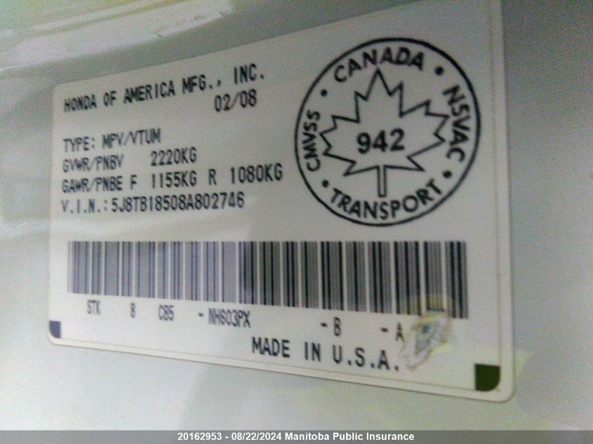 2008 Acura Rdx VIN: 5J8TB18508A802746 Lot: 20162953