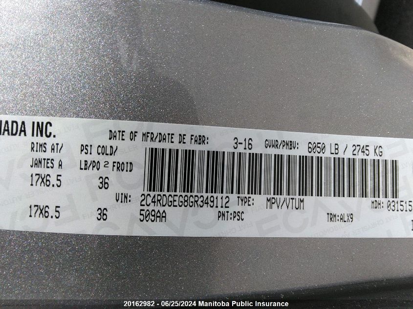 2016 Dodge Grand Caravan R/T VIN: 2C4RDGEG8GR349112 Lot: 20162982