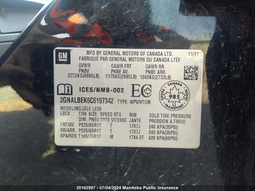 2012 Chevrolet Equinox Ls VIN: 2GNALBEK6C6197342 Lot: 20162997