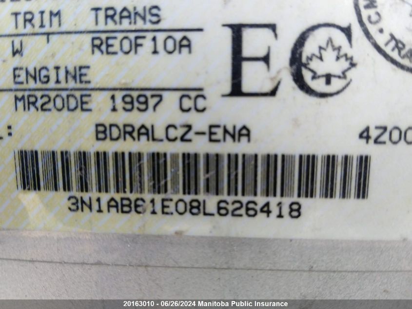 2008 Nissan Sentra 2.0 VIN: 3N1AB61E08L626418 Lot: 20163010