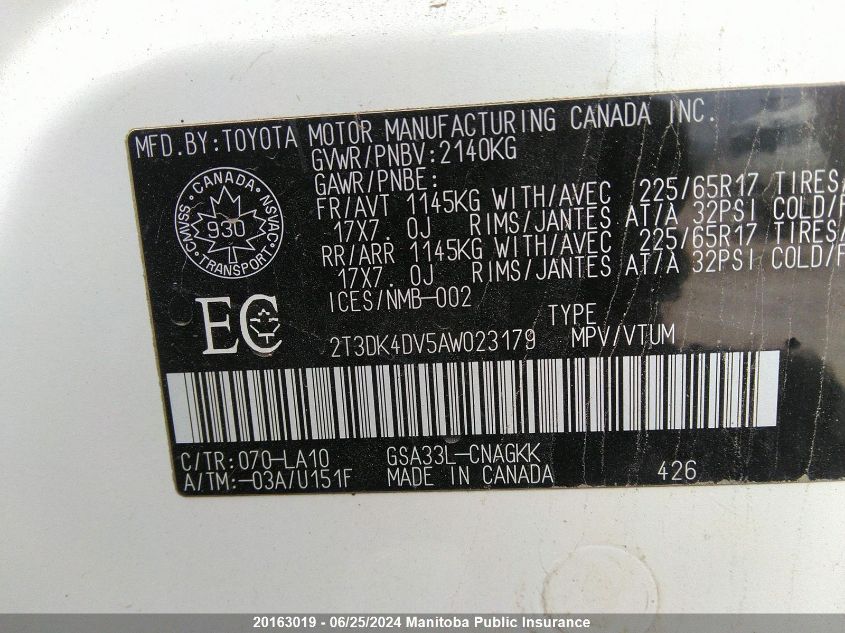 2010 Toyota Rav4 Limited V6 VIN: 2T3DK4DV5AW023179 Lot: 20163019