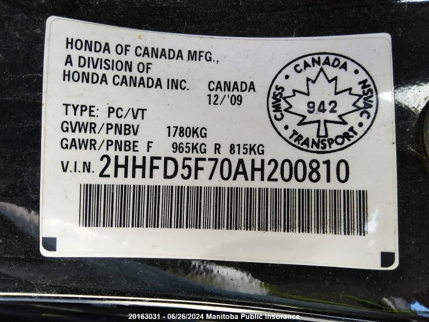 2010 Acura Csx VIN: 2HHFD5F70AH200810 Lot: 20163031