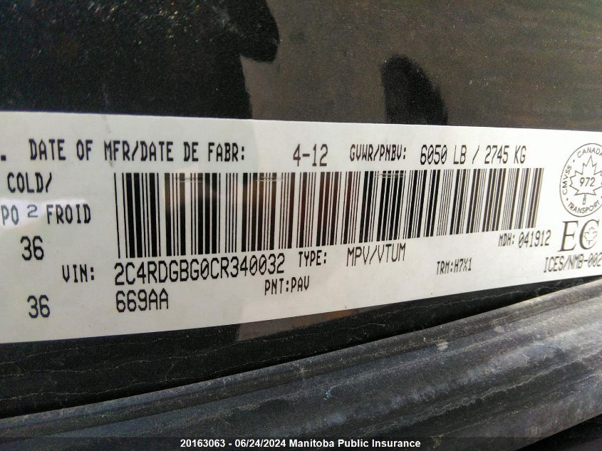 2012 Dodge Grand Caravan Sxt VIN: 2C4RDGBG0CR340032 Lot: 20163063