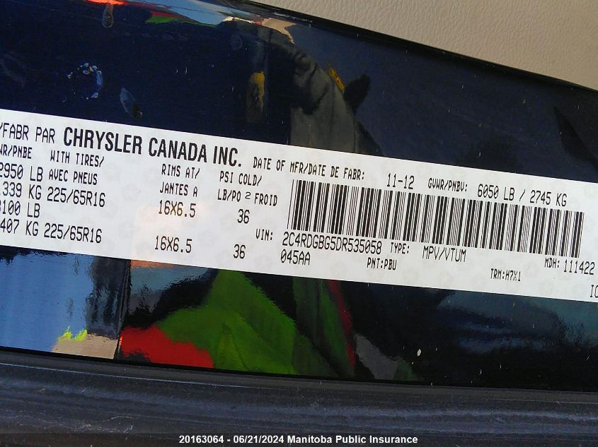 2013 Dodge Grand Caravan Sxt VIN: 2C4RDGBG5DR535058 Lot: 20163064