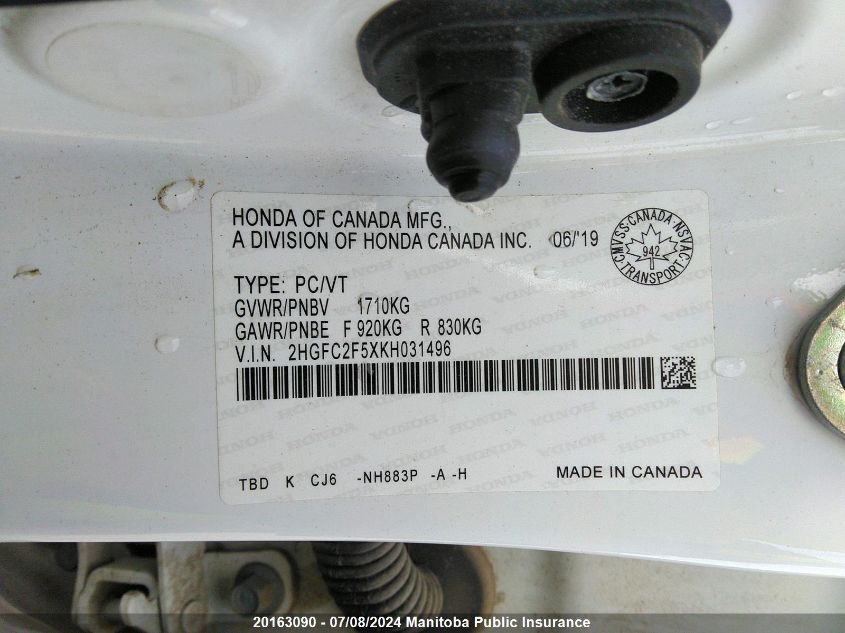 2019 Honda Civic Lx VIN: 2HGFC2F5XKH031496 Lot: 20163090