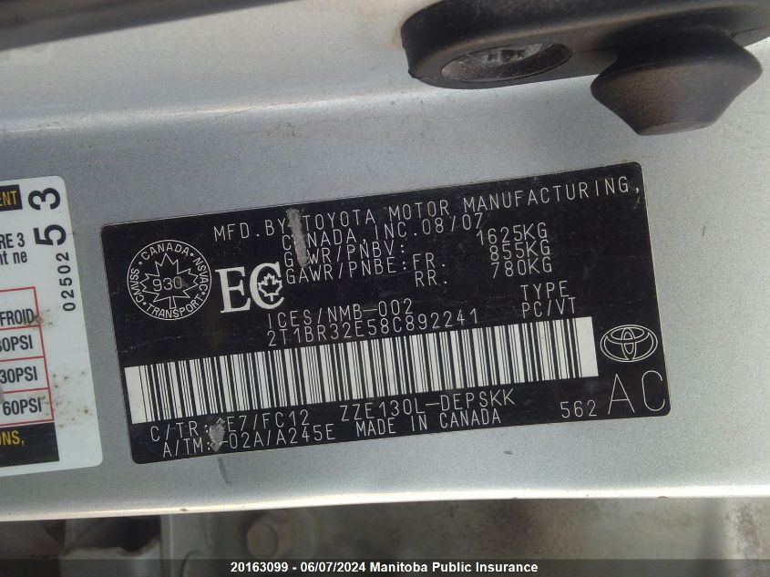 2008 Toyota Corolla Sport VIN: 2T1BR32E58C892241 Lot: 20163099