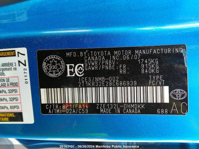 2008 Toyota Matrix VIN: 2T1KR32E28C686939 Lot: 20163107