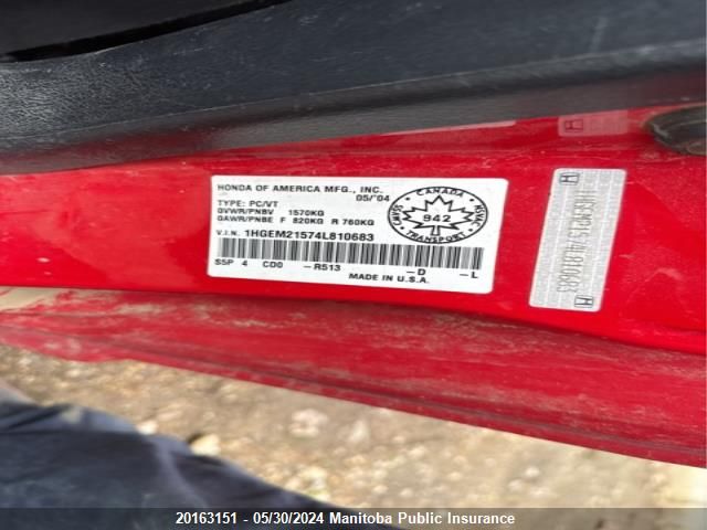 2004 Honda Civic Lx VIN: 1HGEM21574L810683 Lot: 20163151