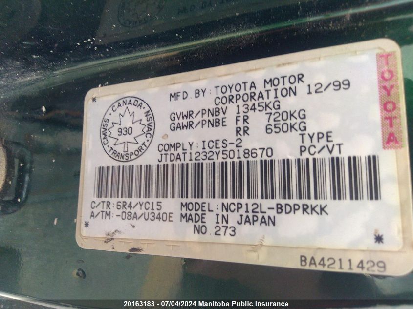 2000 Toyota Echo VIN: JTDAT1232Y5018670 Lot: 20163183