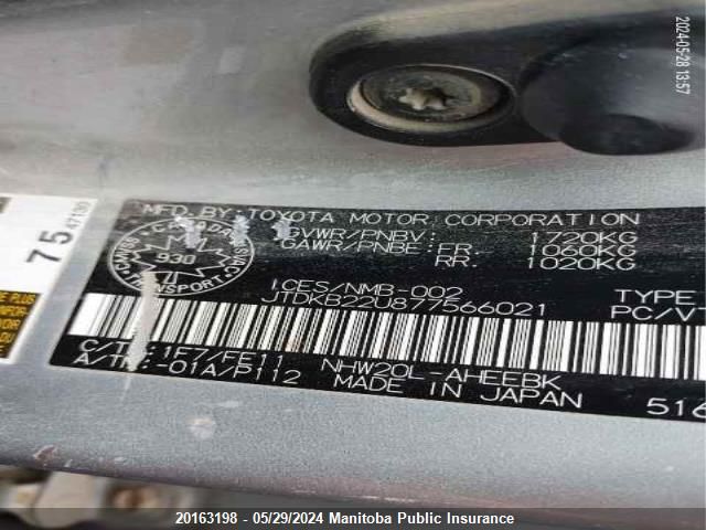 2007 Toyota Prius VIN: JTDKB22U877566021 Lot: 20163198