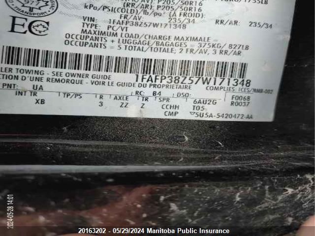 2007 Ford Focus Zx4 St VIN: 1FAFP38Z57W171348 Lot: 20163202