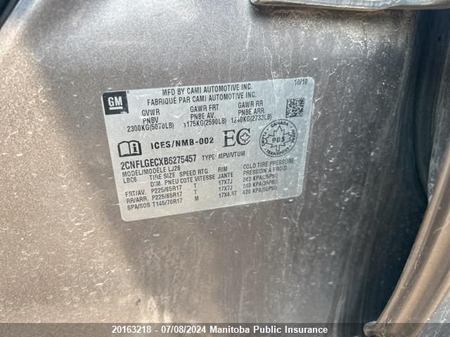 2011 Chevrolet Equinox Ltz VIN: 2CNFLGECXB6275457 Lot: 20163218