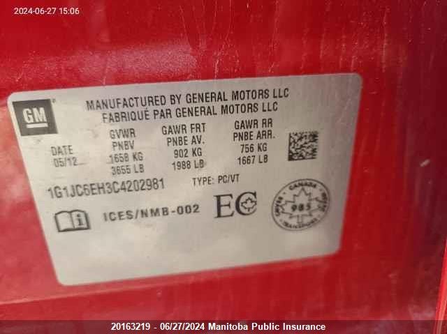 2012 Chevrolet Sonic Lt VIN: 1G1JC6EH3C4202981 Lot: 20163219