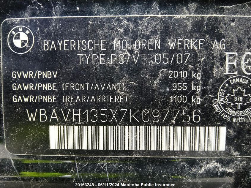 2007 BMW 323I VIN: WBAVH135X7KC97756 Lot: 20163245