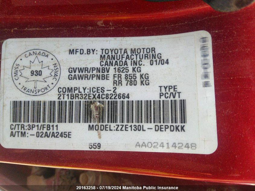 2004 Toyota Corolla Ce VIN: 2T1BR32EX4C822664 Lot: 20163258