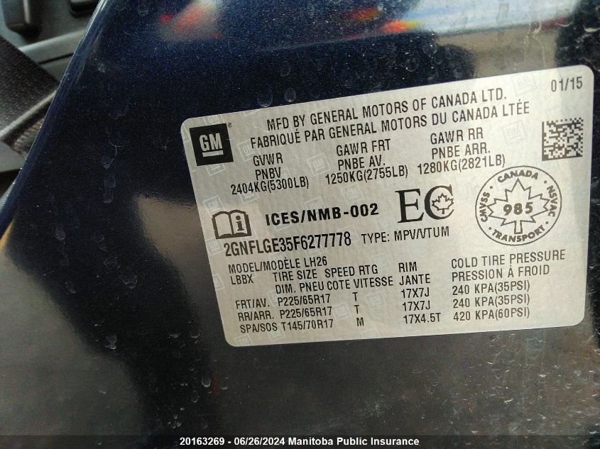 2015 Chevrolet Equinox Ls V6 VIN: 2GNFLGE35F6277778 Lot: 20163269