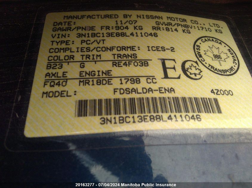 2008 Nissan Versa 1.8 S VIN: 3N1BC13E88L411046 Lot: 20163277