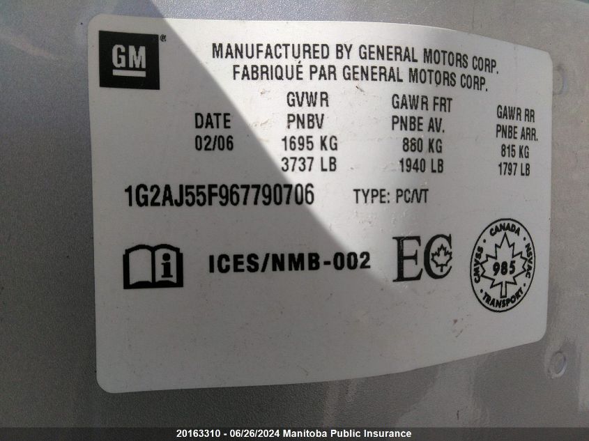 2006 Pontiac Pursuit VIN: 1G2AJ55F967790706 Lot: 20163310