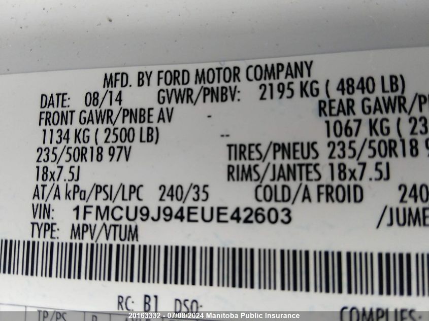 2014 Ford Escape Titanium VIN: 1FMCU9J94EUE42603 Lot: 20163332