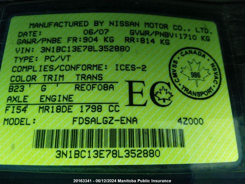 2008 Nissan Versa 1.8 Sl VIN: 3N1BC13E78L352880 Lot: 20163341