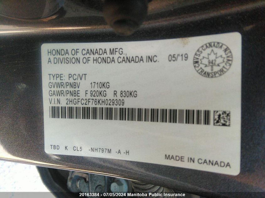 2019 Honda Civic Ex VIN: 2HGFC2F76KH029309 Lot: 20163384