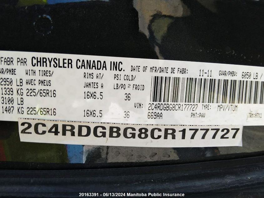 2012 Dodge Grand Caravan Sxt VIN: 2C4RDGBG8CR177727 Lot: 20163391