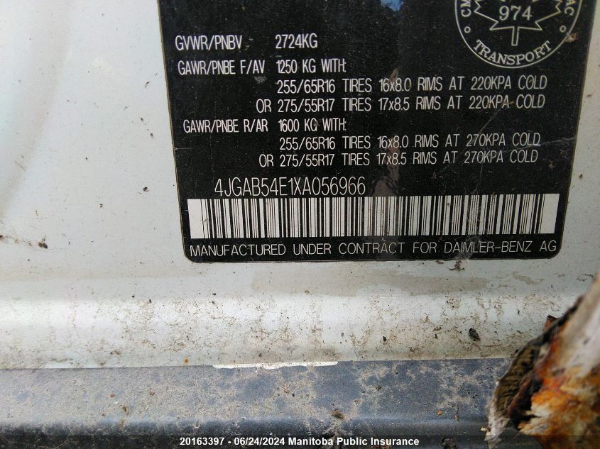 1999 Mercedes Benz Ml320 Classic VIN: 4JGAB54E1XA056966 Lot: 20163397