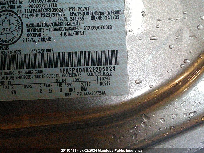 2002 Ford Mustang VIN: 1FAFP404X2F205024 Lot: 20163411