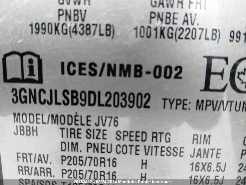 2013 Chevrolet Trax Lt VIN: 3GNCJLSB9DL203902 Lot: 20163412