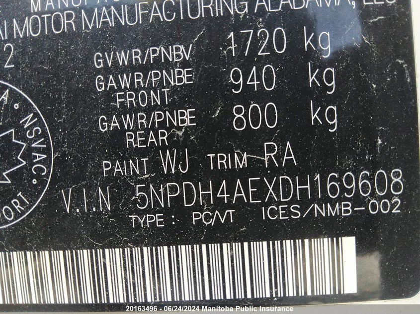 2013 Hyundai Elantra Gl VIN: 5NPDH4AEXDH169608 Lot: 20163496