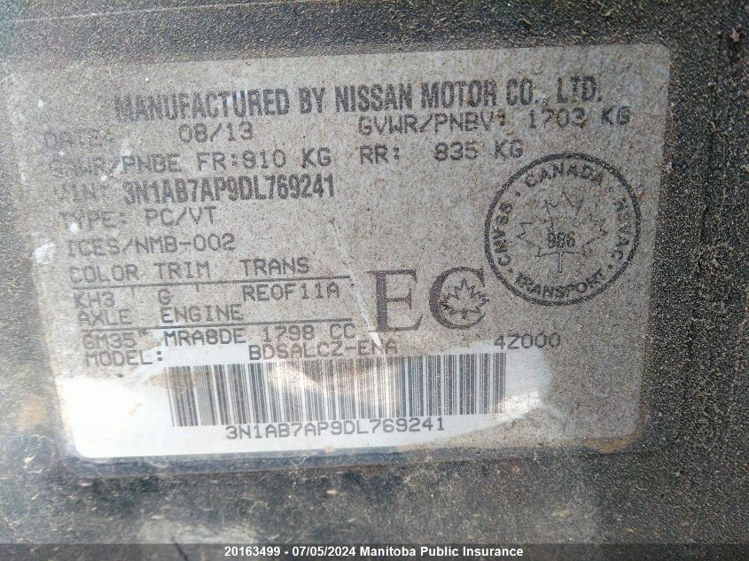 2013 Nissan Sentra 1.8 S VIN: 3N1AB7AP9DL769241 Lot: 20163499