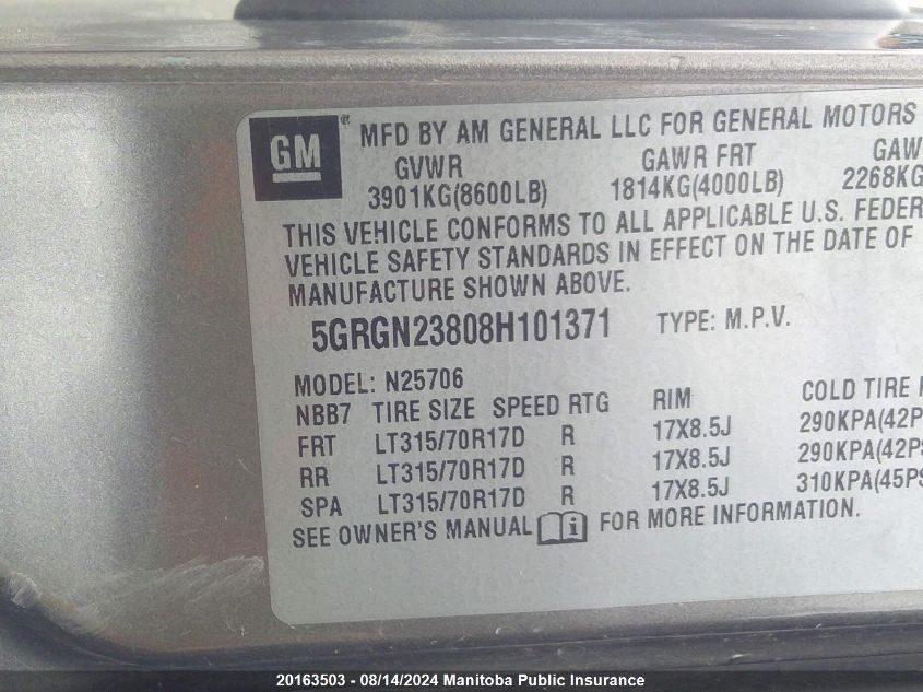 2008 Hummer H2 VIN: 5GRGN23808H101371 Lot: 20163503