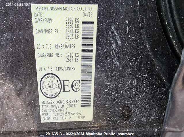 2016 Nissan Murano Platinum VIN: 5N1AZ2MHXGN133704 Lot: 20163513