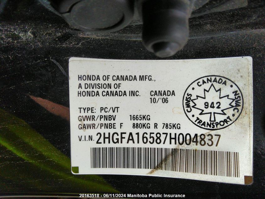 2007 Honda Civic Lx VIN: 2HGFA16587H004837 Lot: 20163518