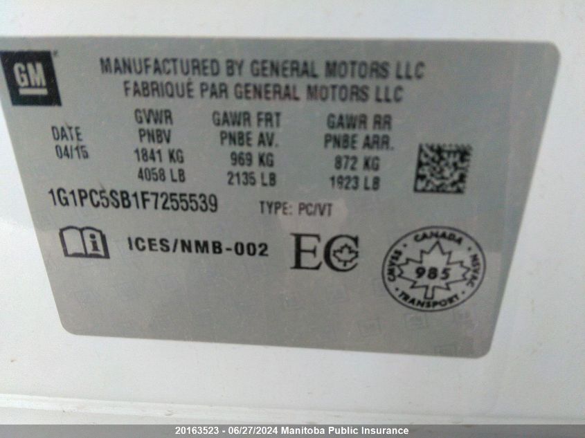 2015 Chevrolet Cruze Lt Turbo VIN: 1G1PC5SB1F7255539 Lot: 20163523